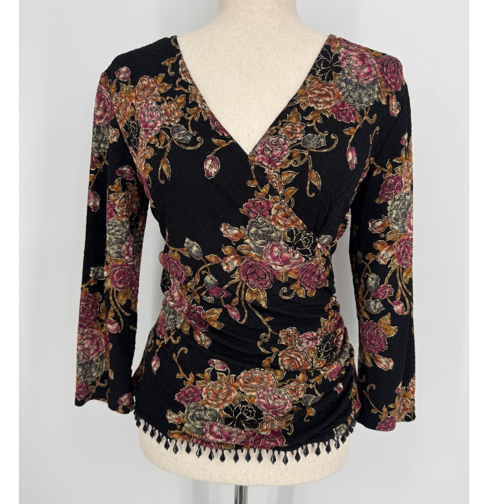 Vintage Dressbarn Faux Wrap Top Size Small Black Floral Beaded Whimsigoth Y2K